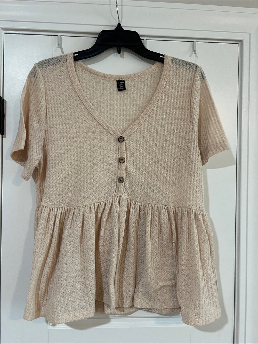 SHEIN Cream V-Neck Button Peplum Waffle Top